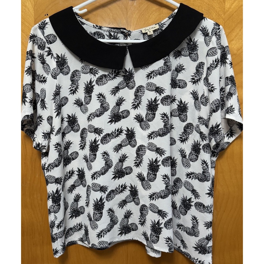 Lily White Womens Boxy Fit Peter Pan Collar‎ Pineapple Top Black White Sz XL